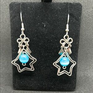 Silver Star Earrings with Blue Beads